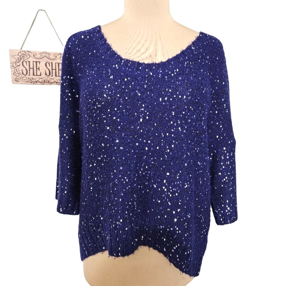 Allen‎ B by Allen Schwartz Sweater Sequin Drop Shoulder Blue High Low XL Bling